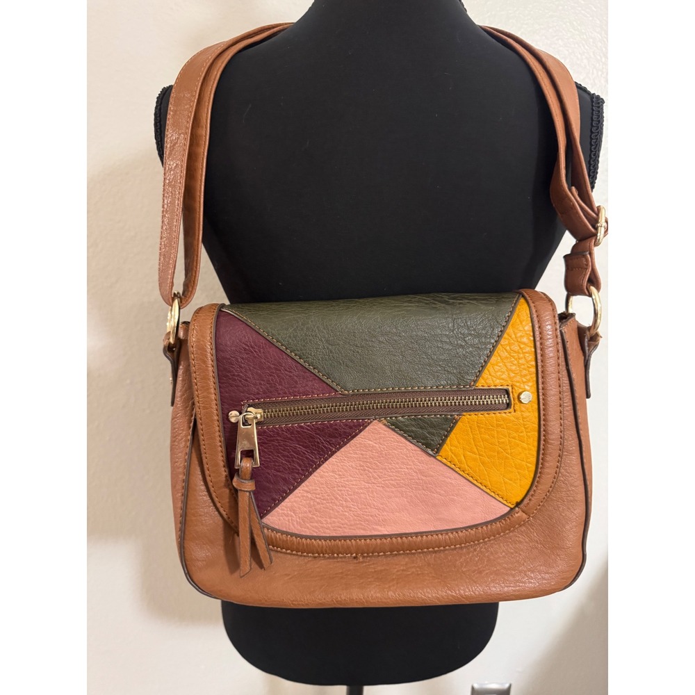 A+ Colorblock Patchwork Faux Leather Crossbody Bag Brown Multi